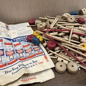 Vintage Original TINKER TOY & MAKIT Lot With Instructions 210 Pieces 1950 Wooden